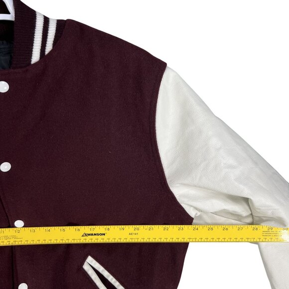 Rennoc Classic Men M Varsity Letterman Bomber Jacket Wool Quilted Burgundy White - Picture 11 of 16